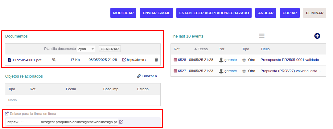 Presupuesto en formato PDF y enlace de firma online