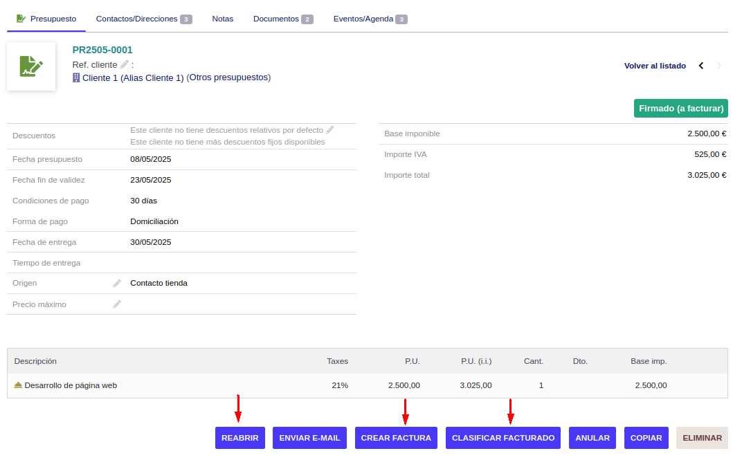 Nuevas opciones luego de aceptar el presupuesto