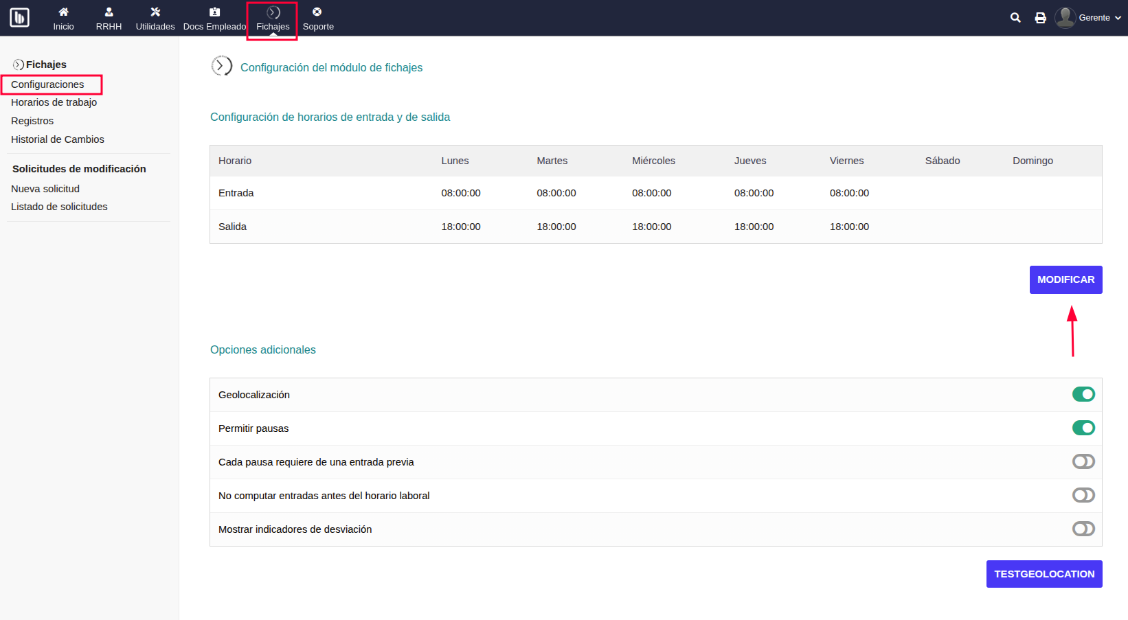Configuración general del módulo de fichajes.