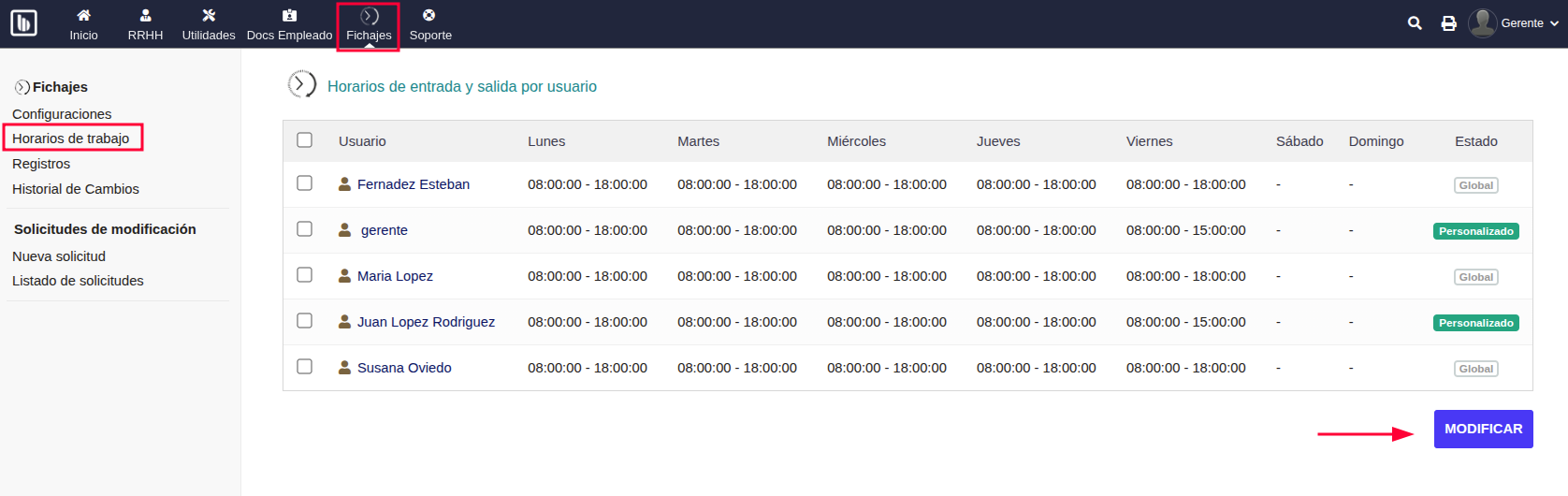 Configuración del horario de los trabajadores.