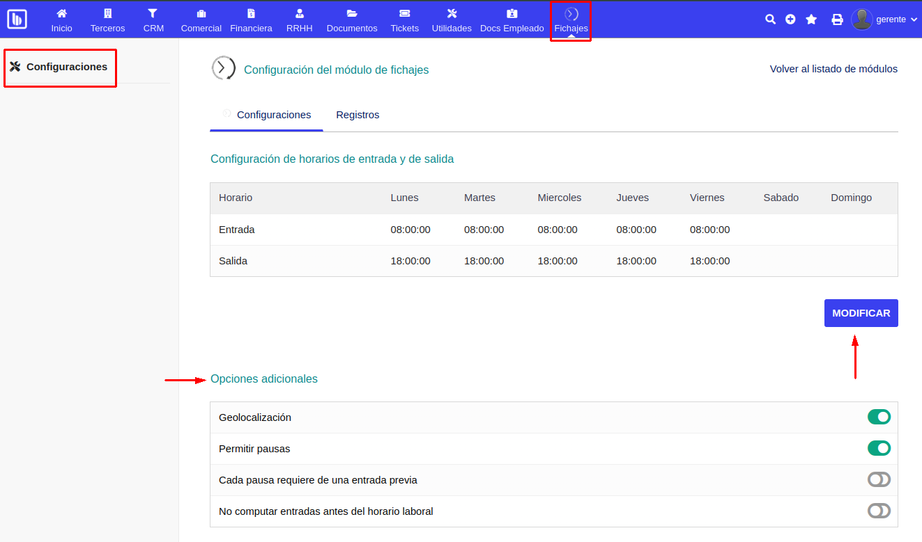 Configuración general del módulo de fichajes.