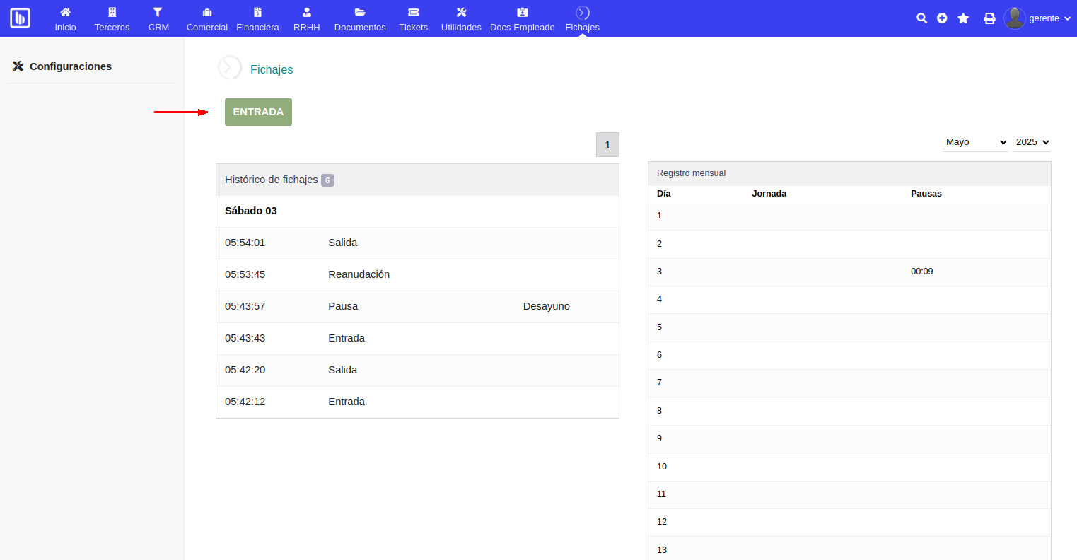 Registro de entrada en fichaje.