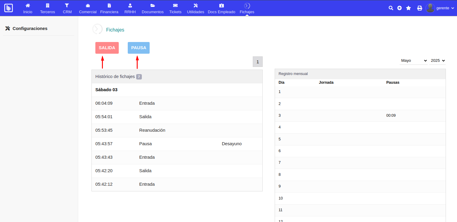 Registro de salida o pausa en fichaje.