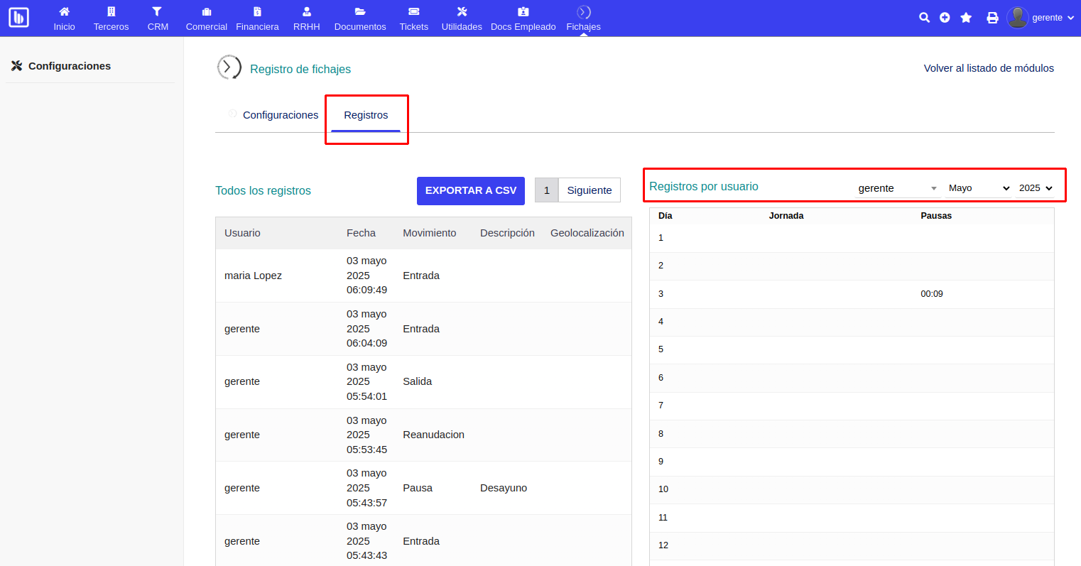 Consulta de registros de fichajes de empleados.