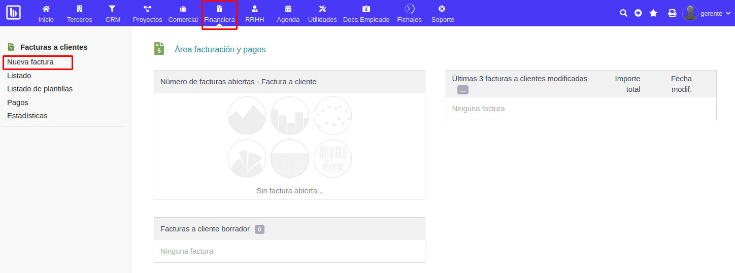 Dashboard de módulo Financiera