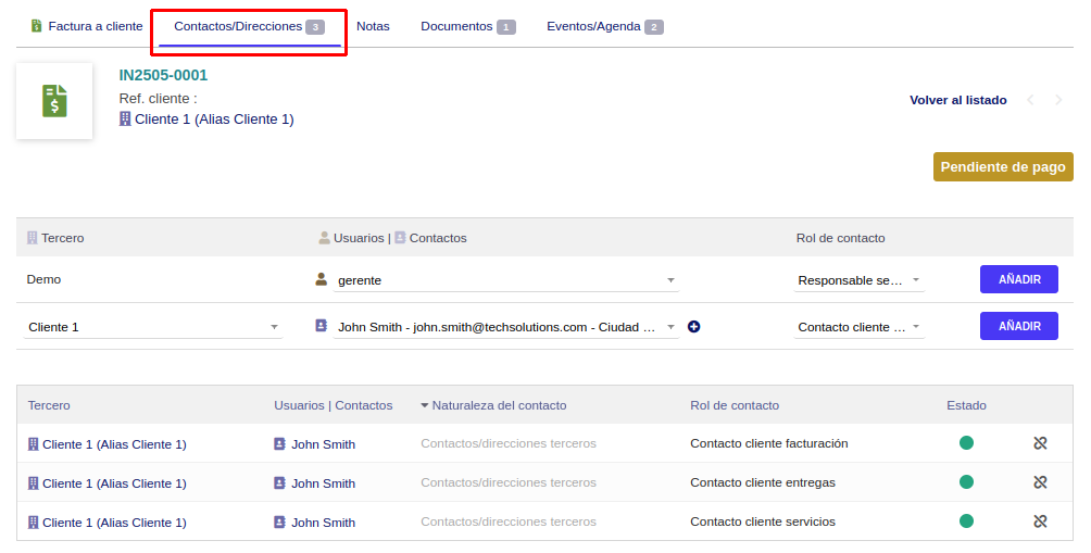 Contactos/Direcciones de facturas