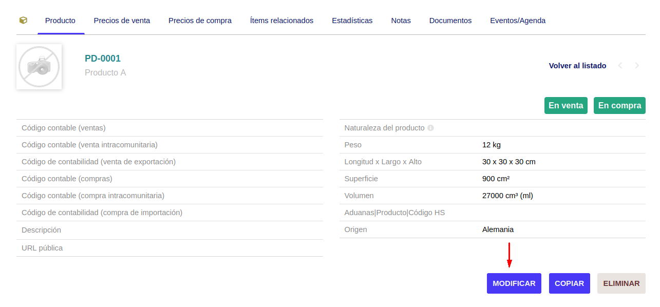 Modificación de productos