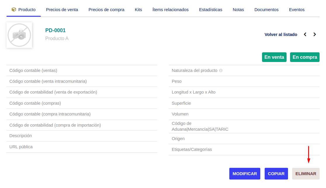 Eliminación de productos.