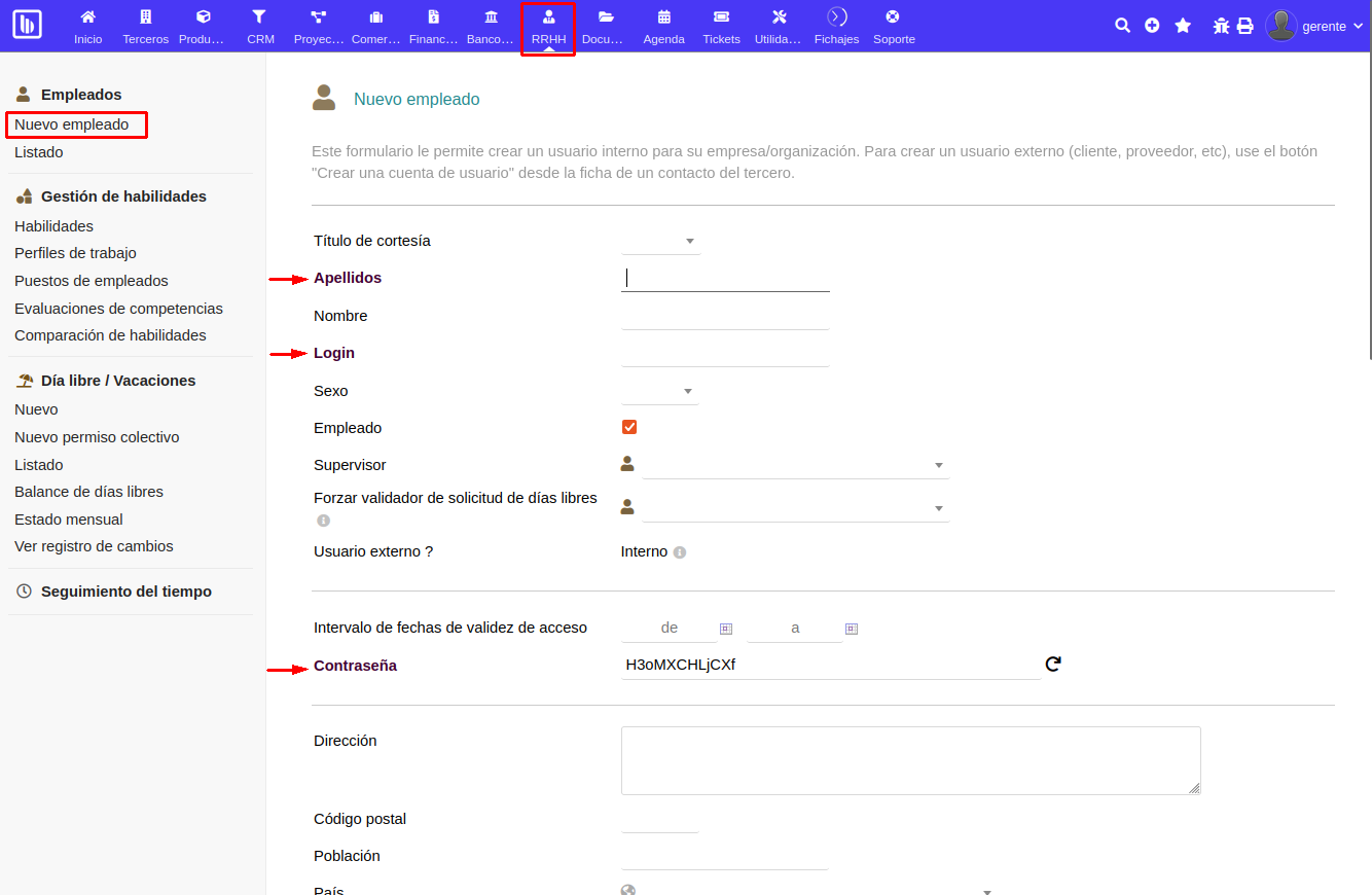Creación de usuario desde el módulo de RRHH