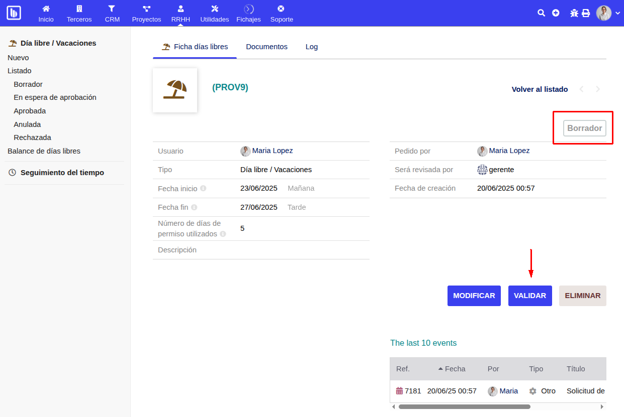 Petición de día libre en estado borrador