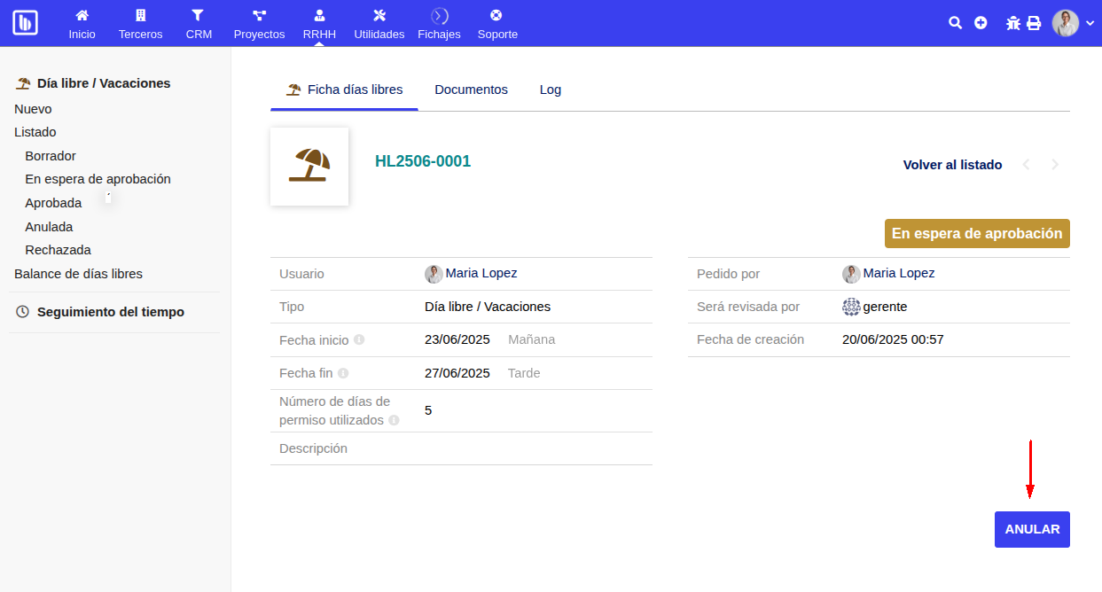 Anulación de petición de día libre