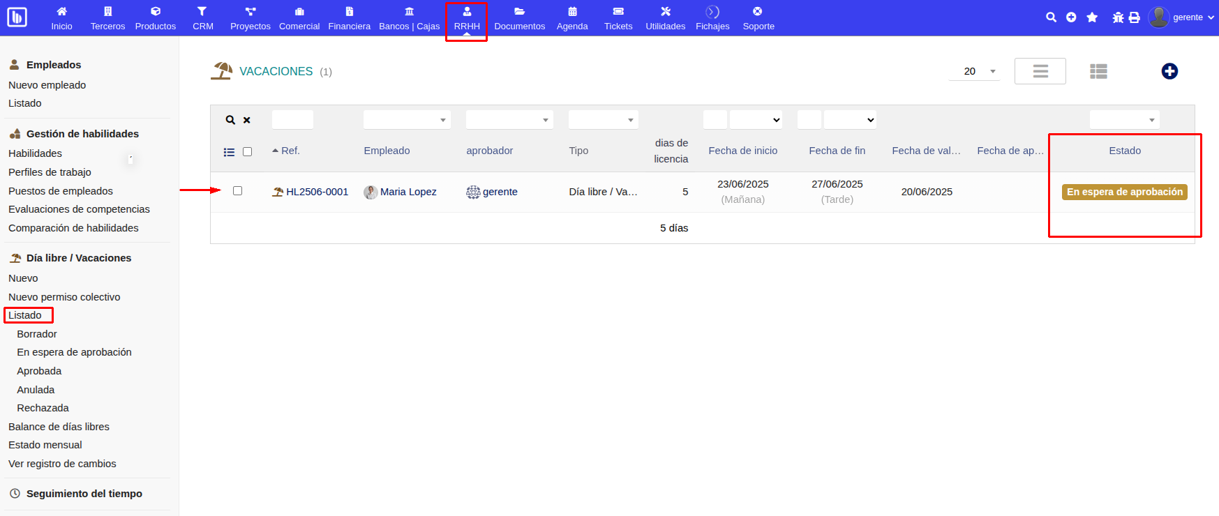 Listado de petición de día libre