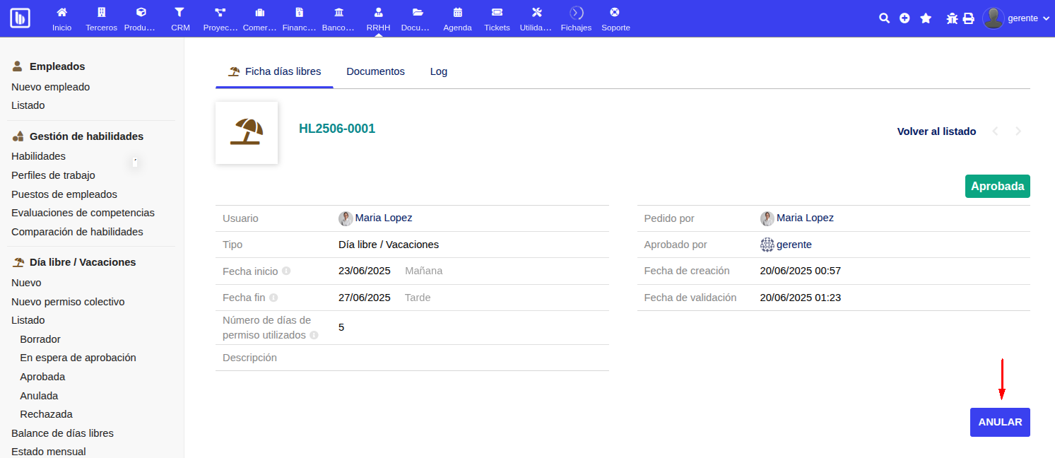Anulación de petición de día libre