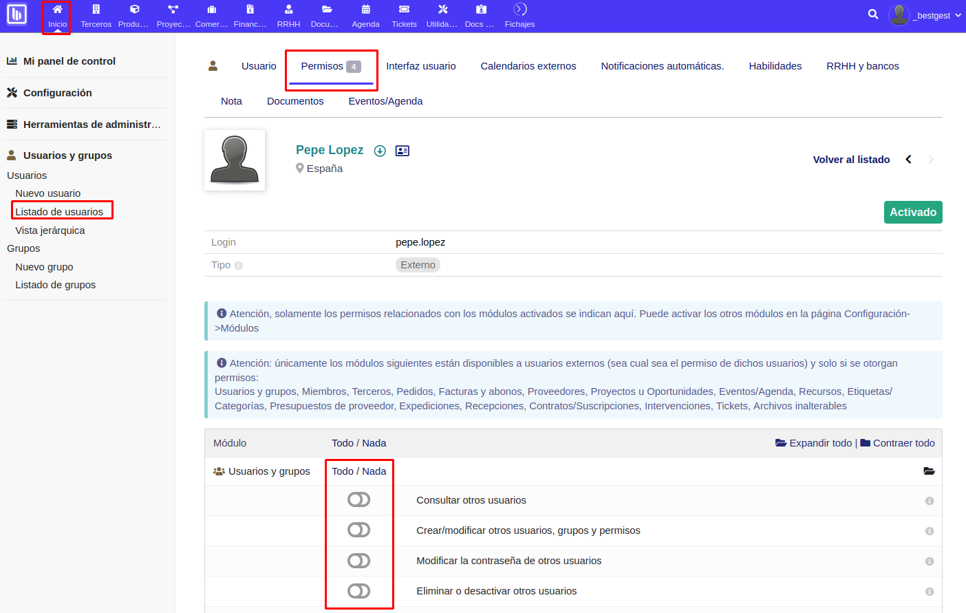Habilitación de módulos para usuario externo.
