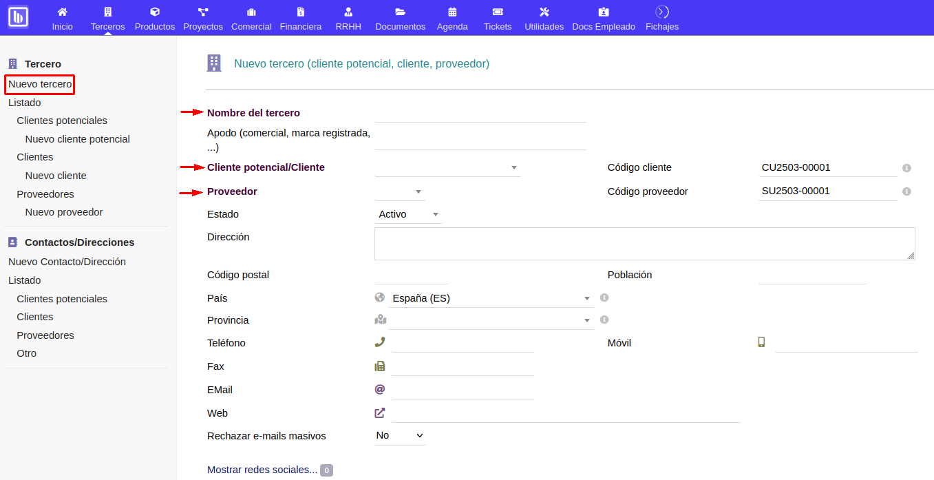 Creación de tercero.
