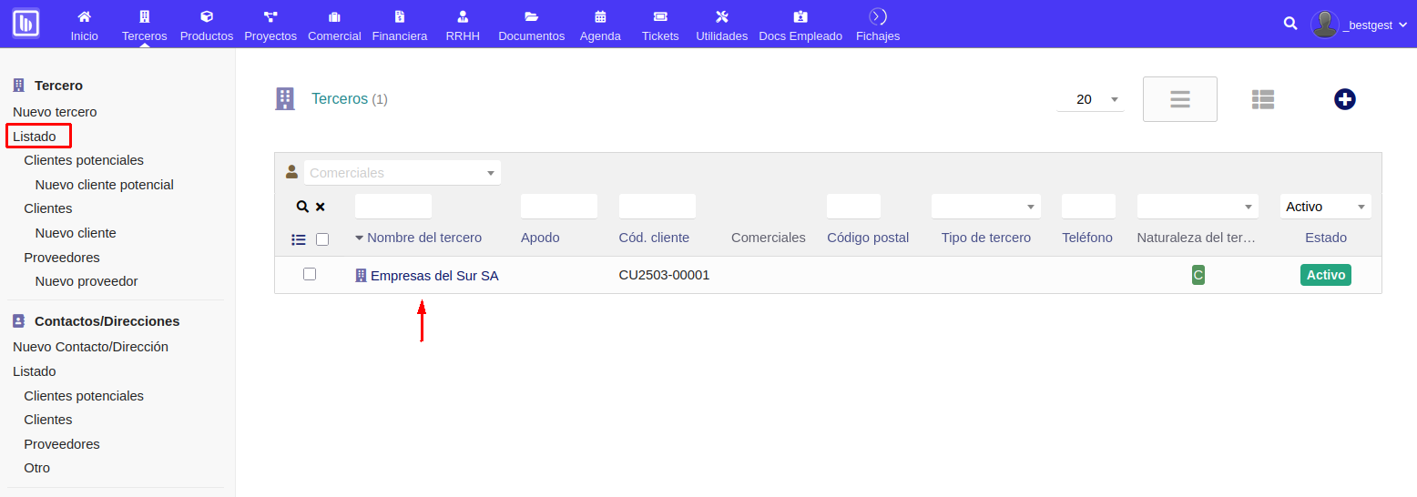 Listado de terceros.