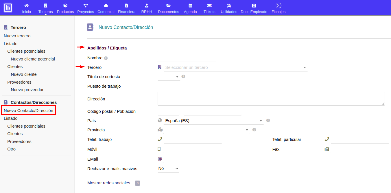Creación de contacto.