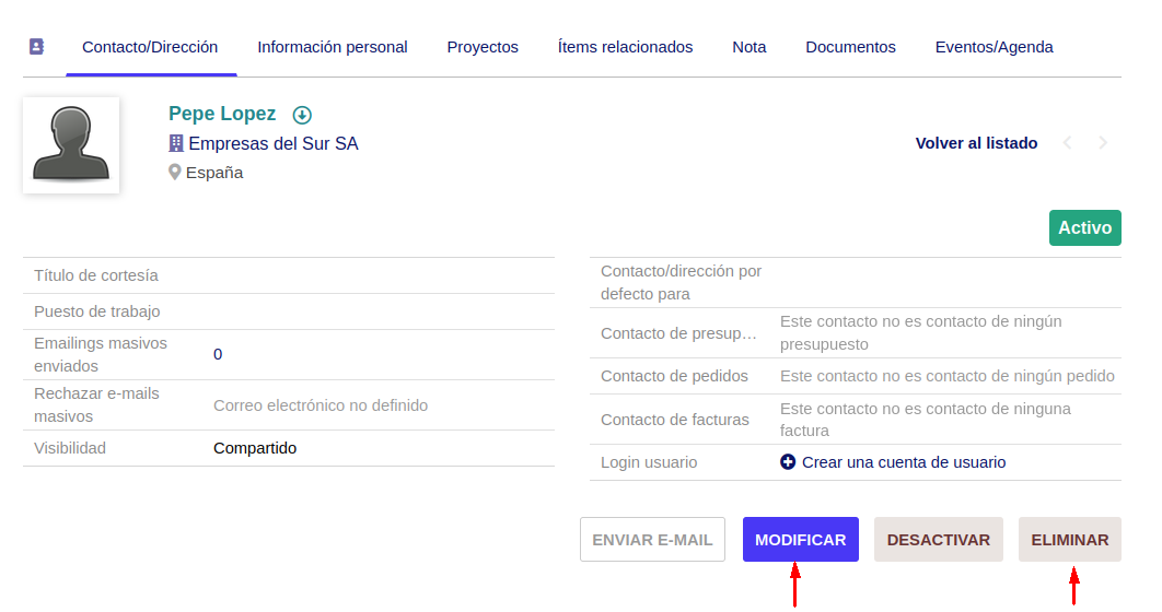 Modificación y eliminación de contacto.