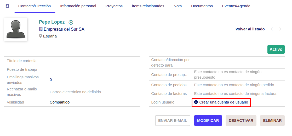 Creación de usuario externo.