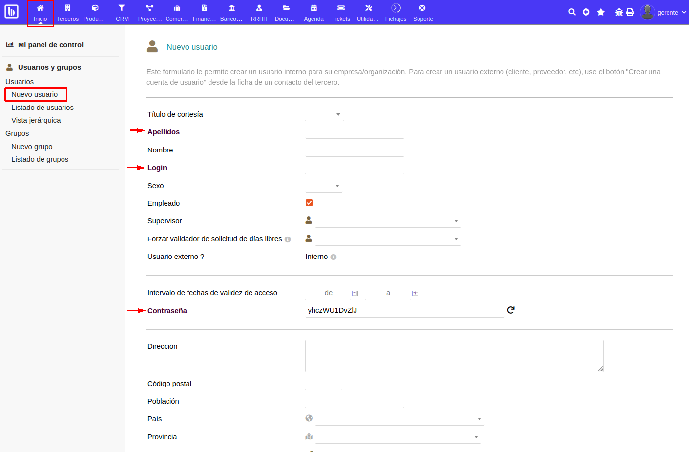 Creación de nuevo usuario