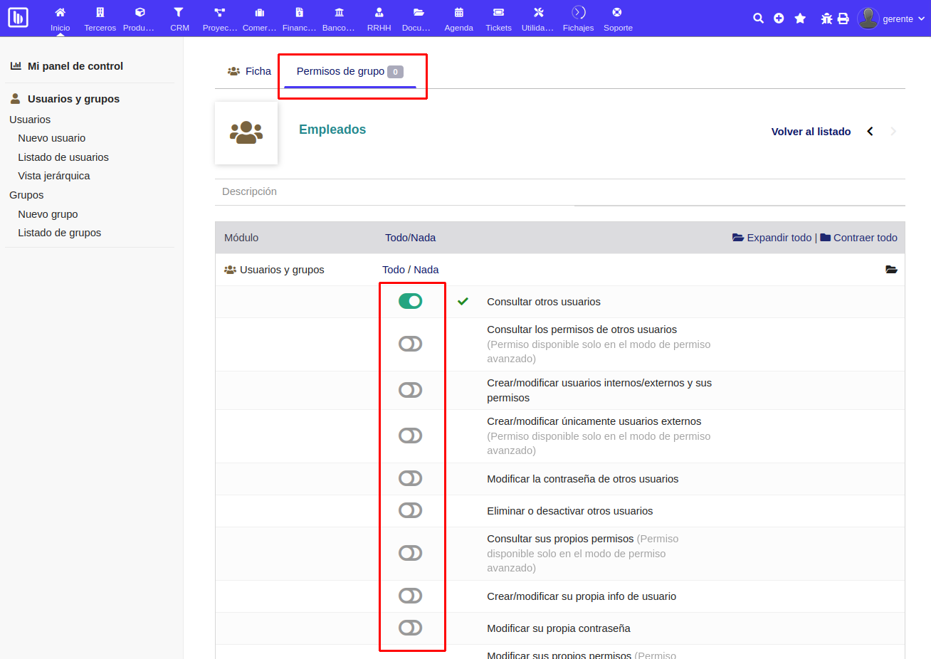 Asignación de permisos de grupos