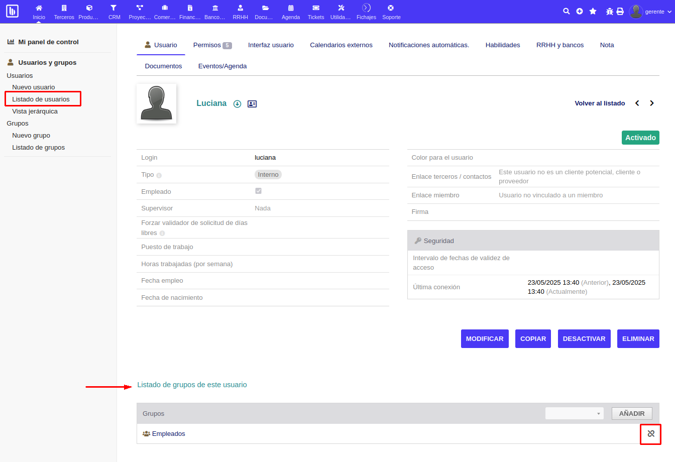 Eliminación de usuario de un grupo